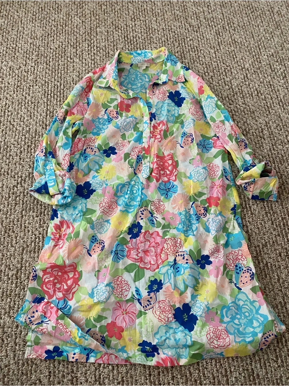 Talbots Floral Button-Up Swim Cover-Up in Blue, Pink, Green, Yellow